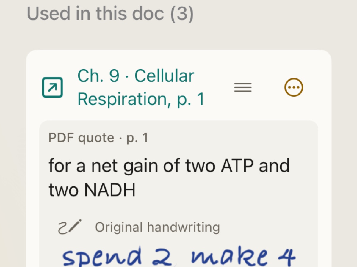 The Sources tab of an exam review: a cited textbook passage with the original handwriting that quoted it.