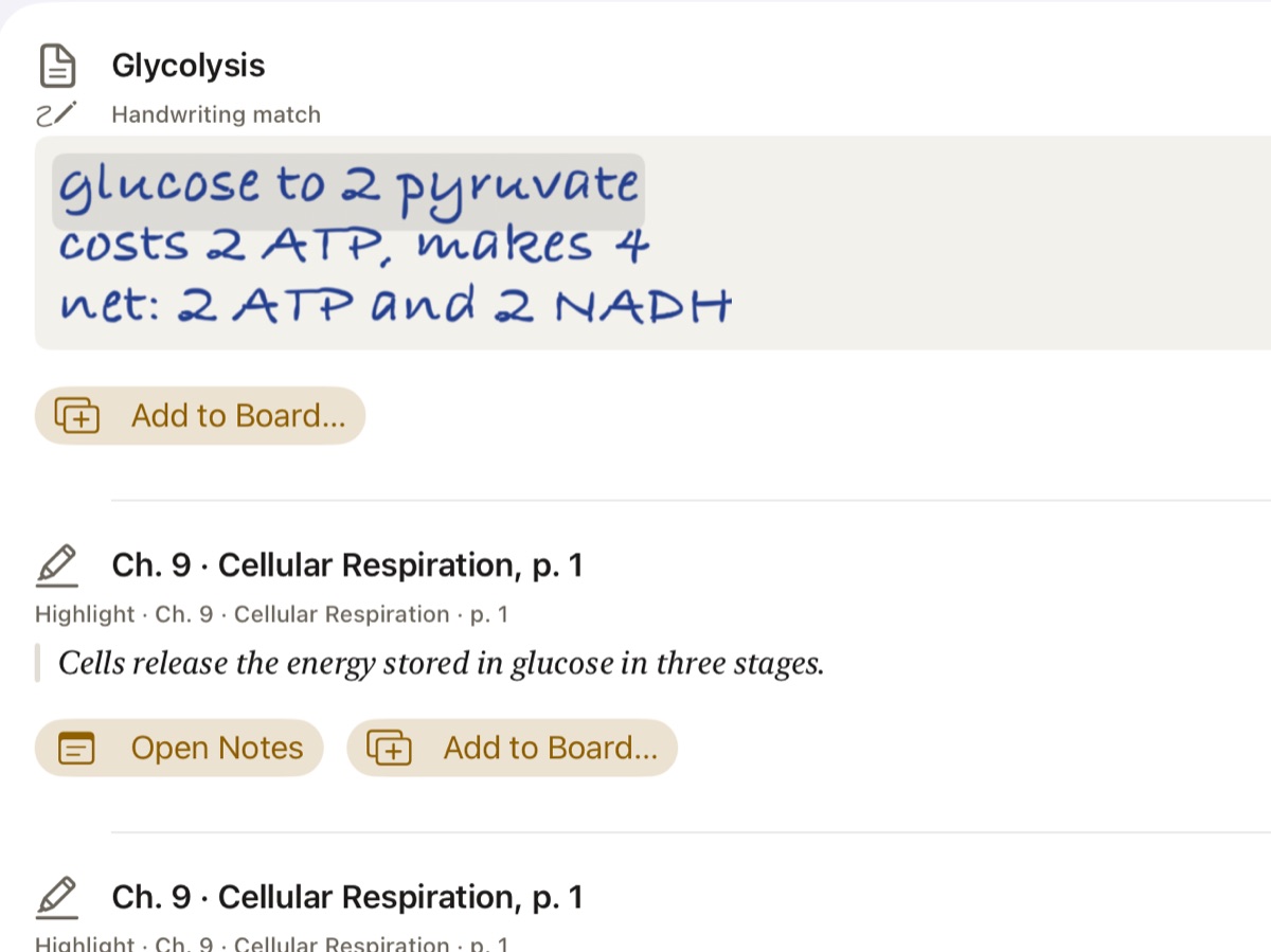 Search results for the word glucose, showing a handwritten note with the matching line marked.